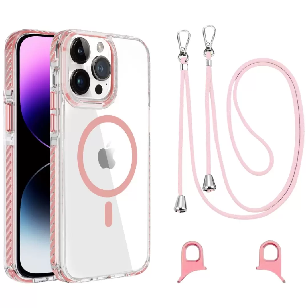 iPhone 15 Plus/iPhone 14 Plus Magsafe Clear Two Tone Case with Lanyard Pink