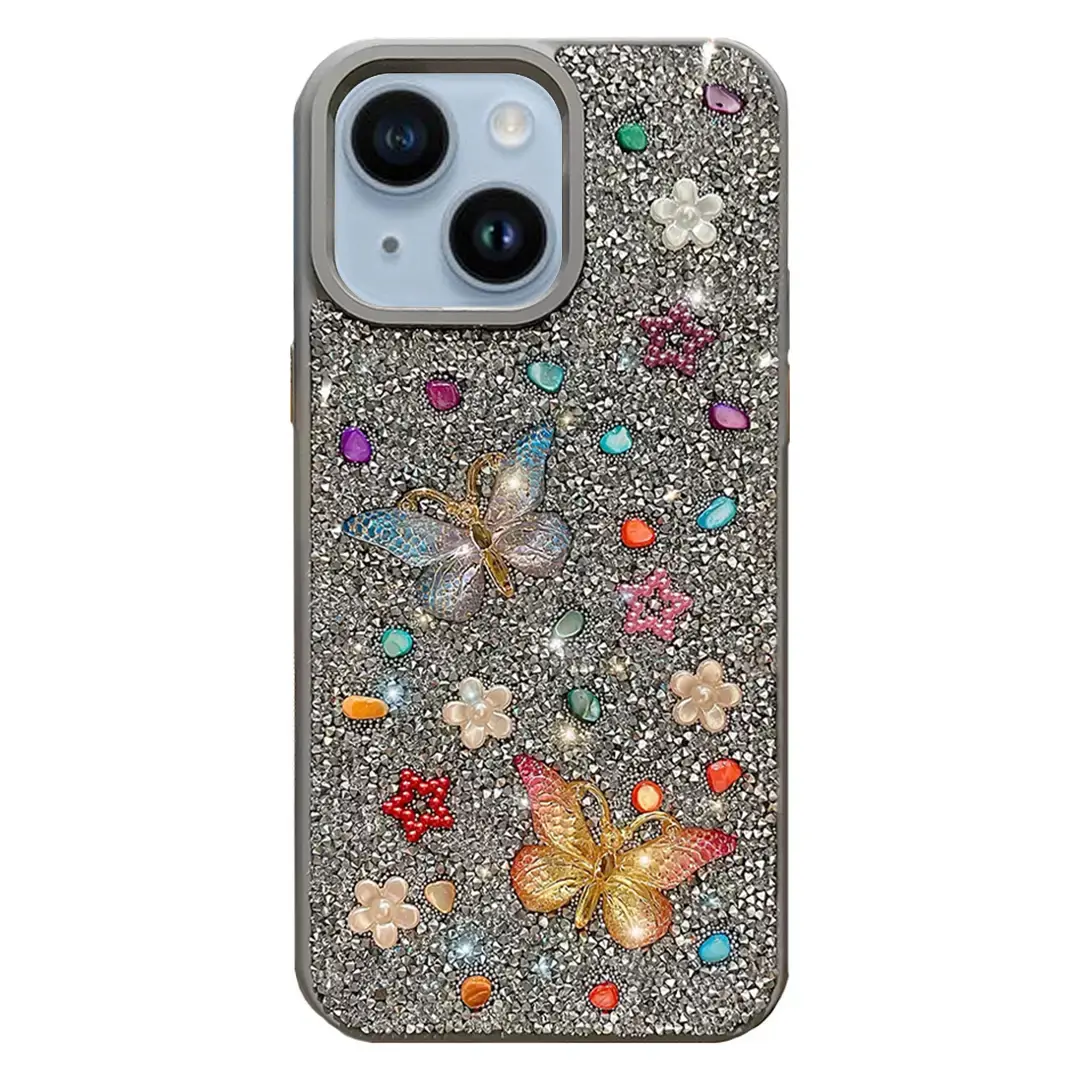 iPhone 15 Plus/iPhone 14 Plus Butterfly and Diamond Bling Case Light Gray