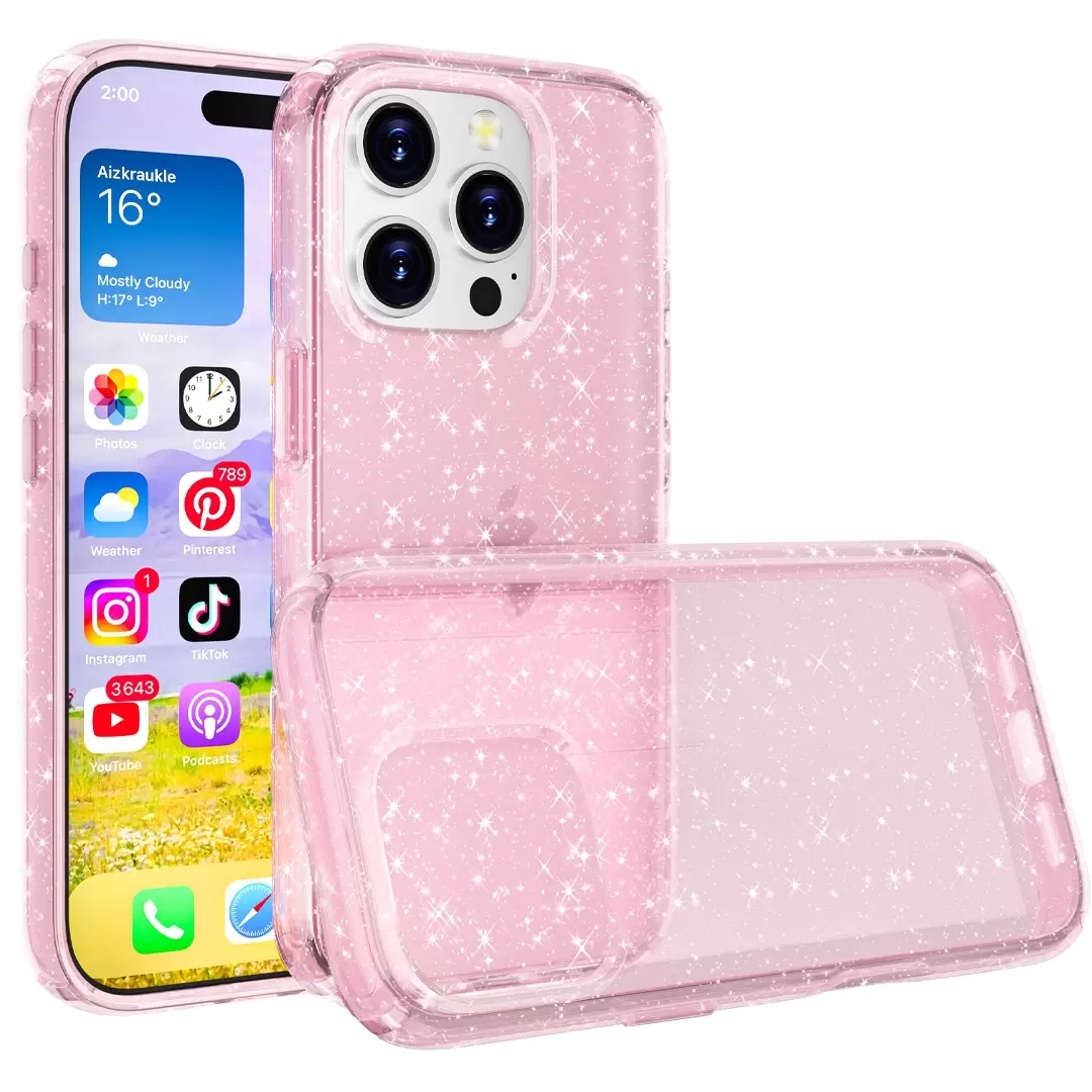 iPhone 15 Pro Max Fleck Glitter Case Clear Pink