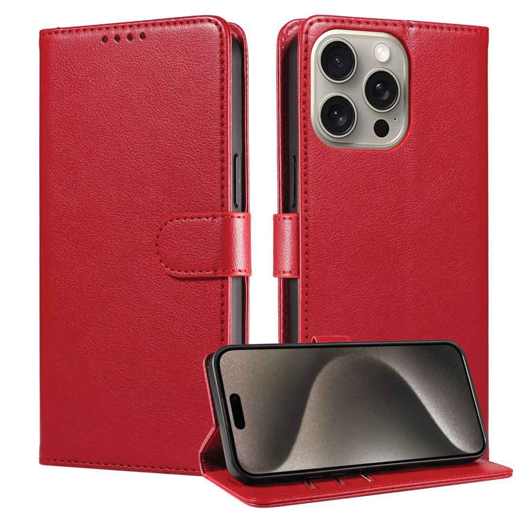 iPhone 16 Pro Max PU Leather Wallet Case Red