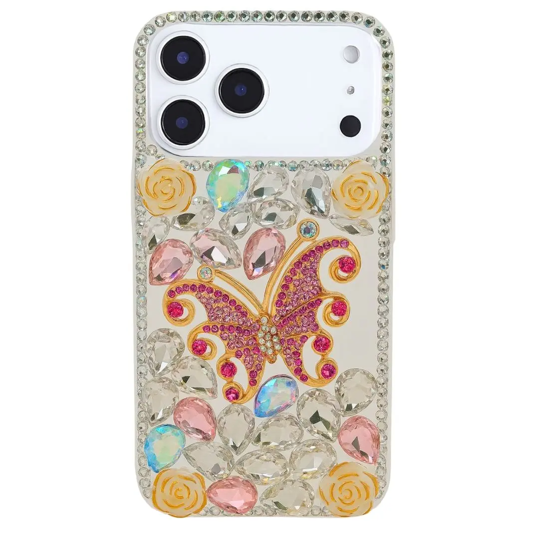 iPhone 17 Pro Max Dream Crystal Butterfly Full Diamond with Ornaments TPU Case Pink