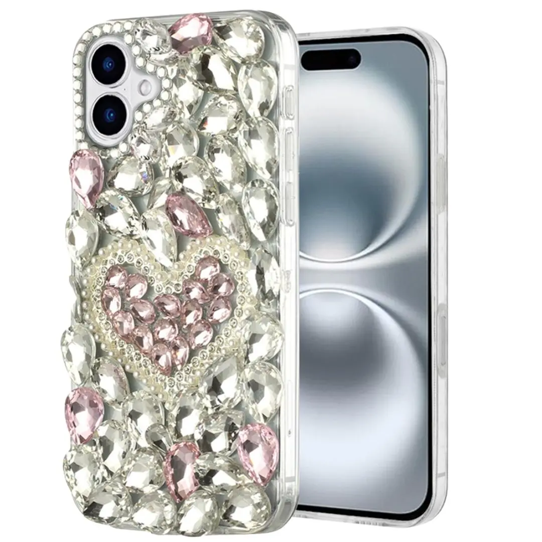 iPhone 17 Dream Crystal Love Full Diamond with Ornaments TPU Case Pink