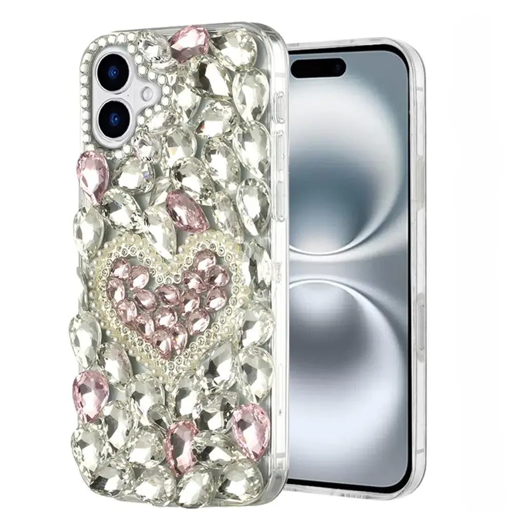 iPhone 17 Dream Crystal Love Full Diamond with Ornaments TPU Case Pink