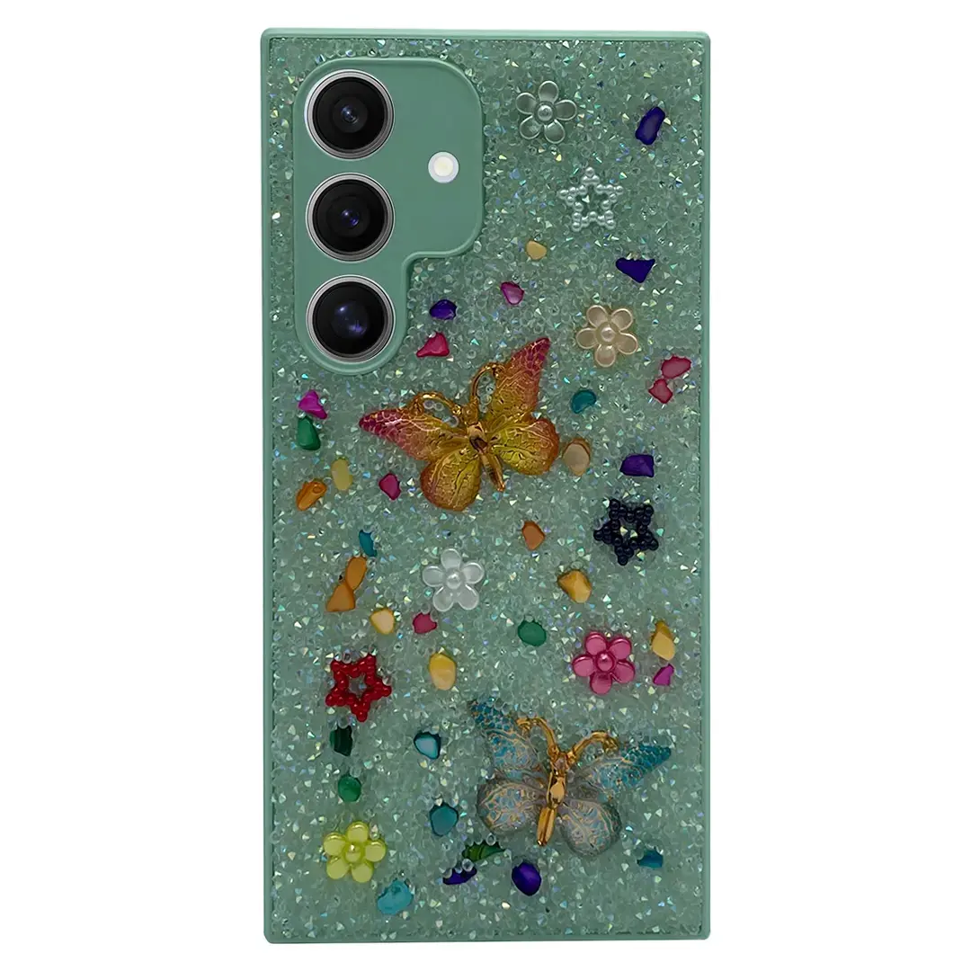 Samsung Galaxy S24 FE Butterfly and Diamond Bling Case Green