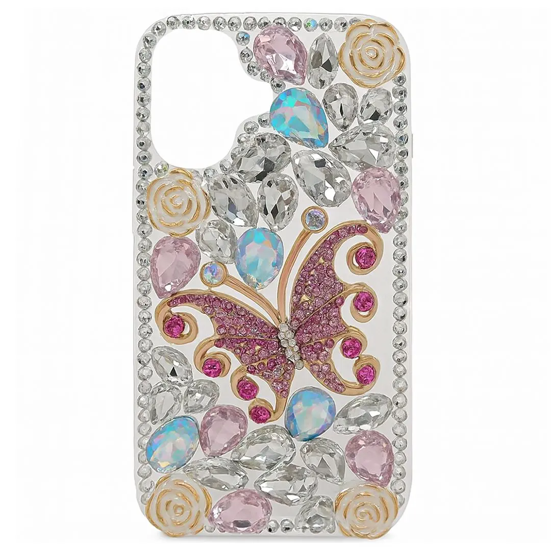 iPhone 16 Dream Crystal Butterfly Full Diamond with Ornaments TPU Case Pink