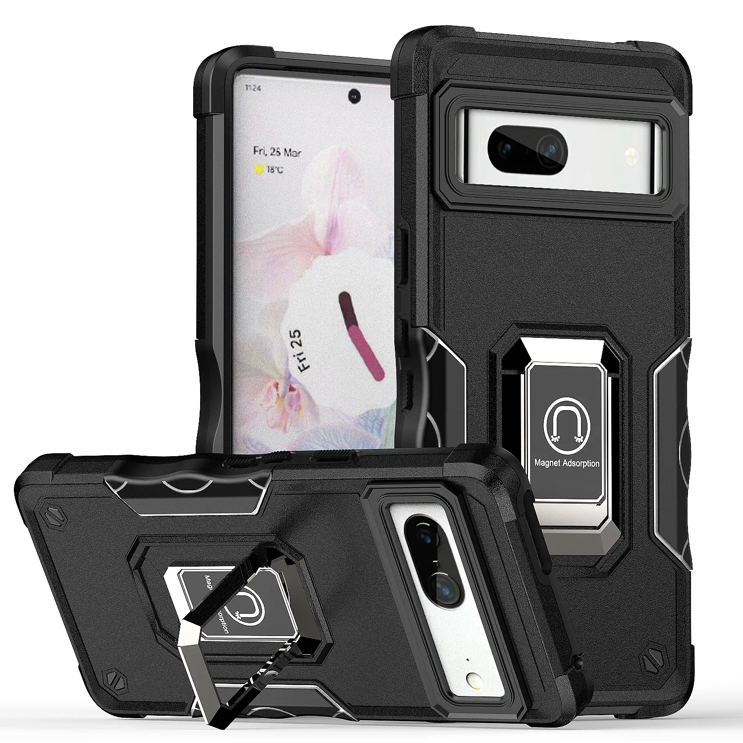 Google Pixel 9A Strong Tough Metallic Design Hybrid Premium Kickstand Case Black