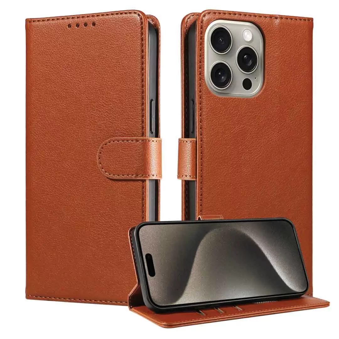 iPhone 16 Pro Max PU Leather Wallet Case Brown