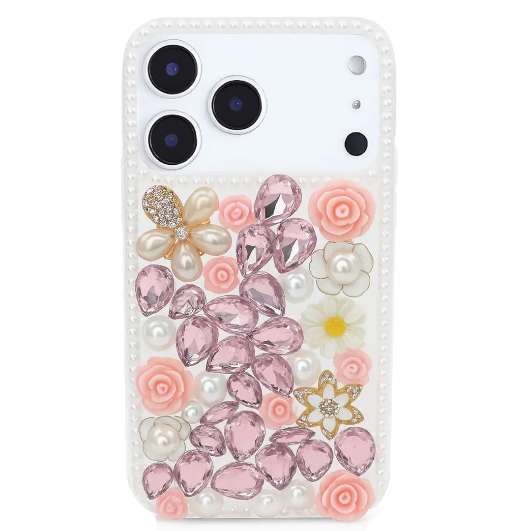 iPhone 17 Pro Max Dream Crystal Gradient Flowers Full Diamond with Ornaments TPU Case Pink
