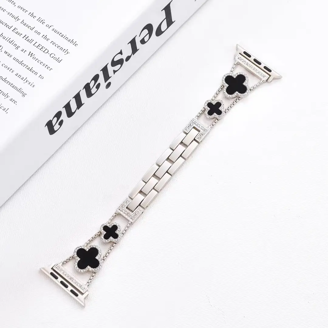 Apple Watch Metal Strap Four Leaf Clover Diamond Strap Silver Black -42-44-45-46-49mm
