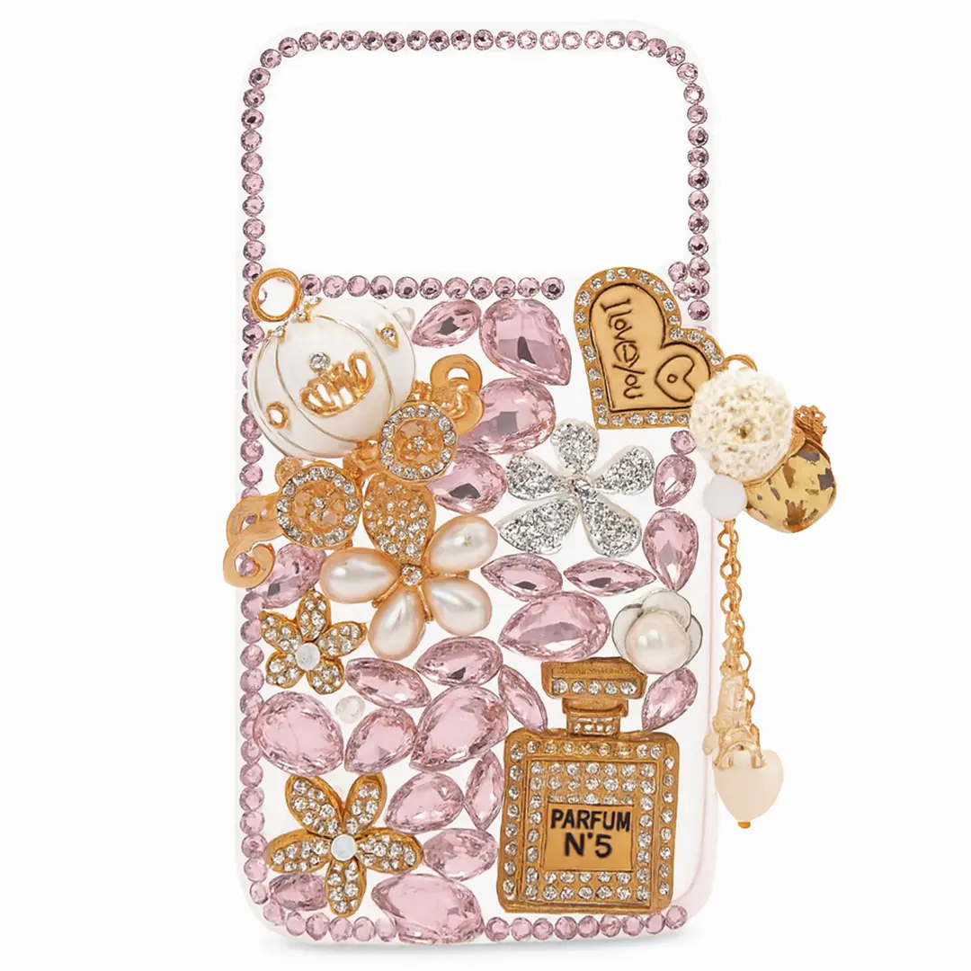 iPhone 17 Pro Dream Crystal Pumpkin Perfume Bottle Full Diamond with Ornaments TPU Case Pink