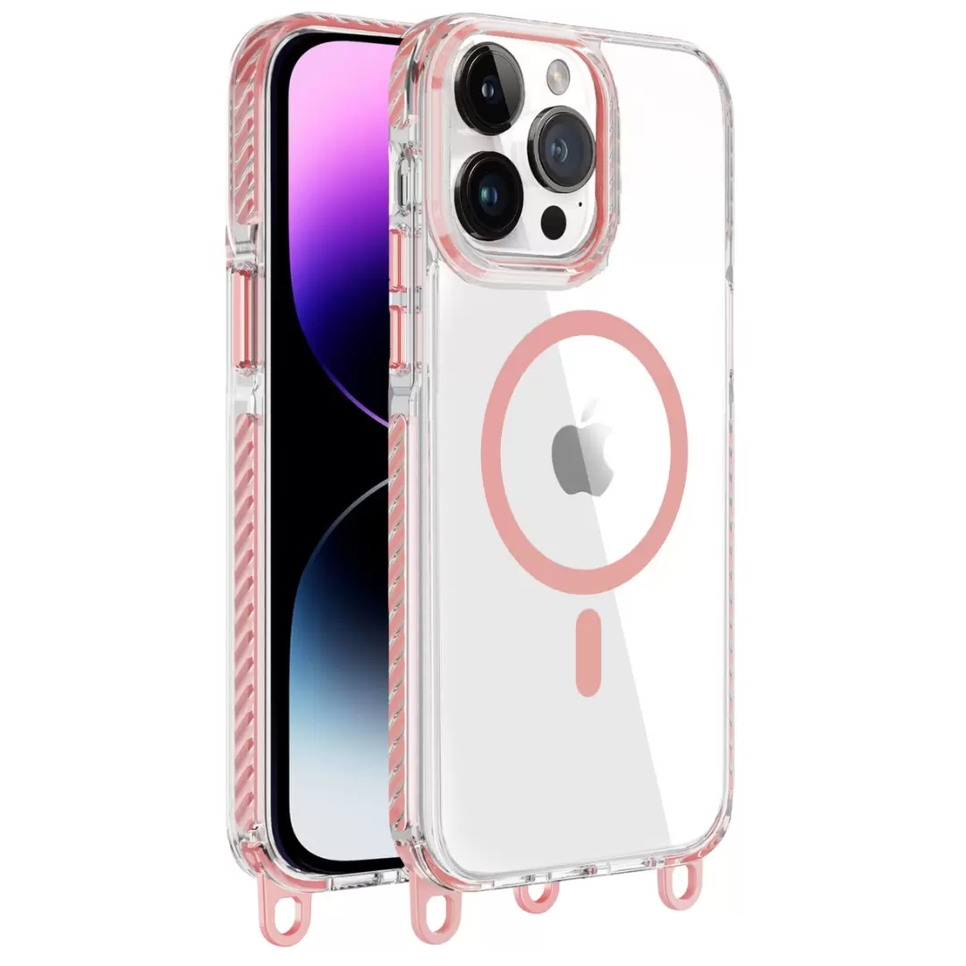 iPhone 14/iPhone 13 Magsafe Clear Twotone Case with Lanyard Pink