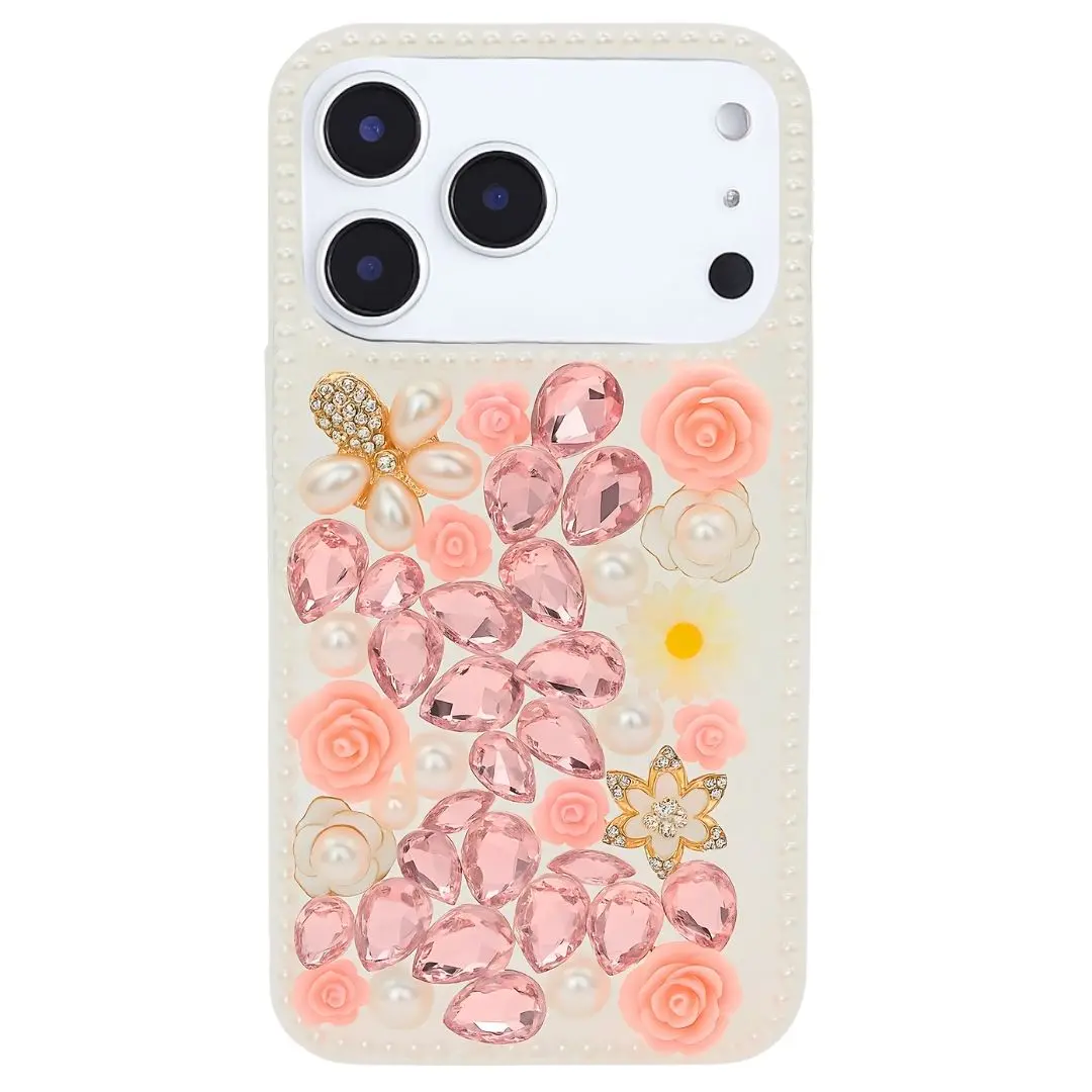 iPhone 17 Pro Dream Crystal Gradient Flowers Full Diamond with Ornaments TPU Case Pink