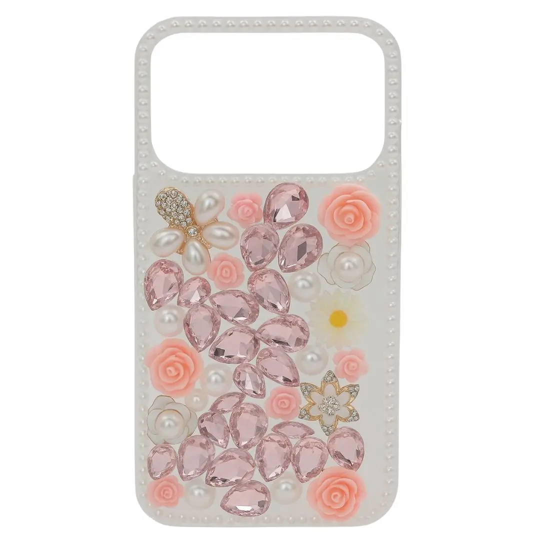 iPhone 17 Pro Max Dream Crystal Gradient Flowers Full Diamond with Ornaments TPU Case Pink