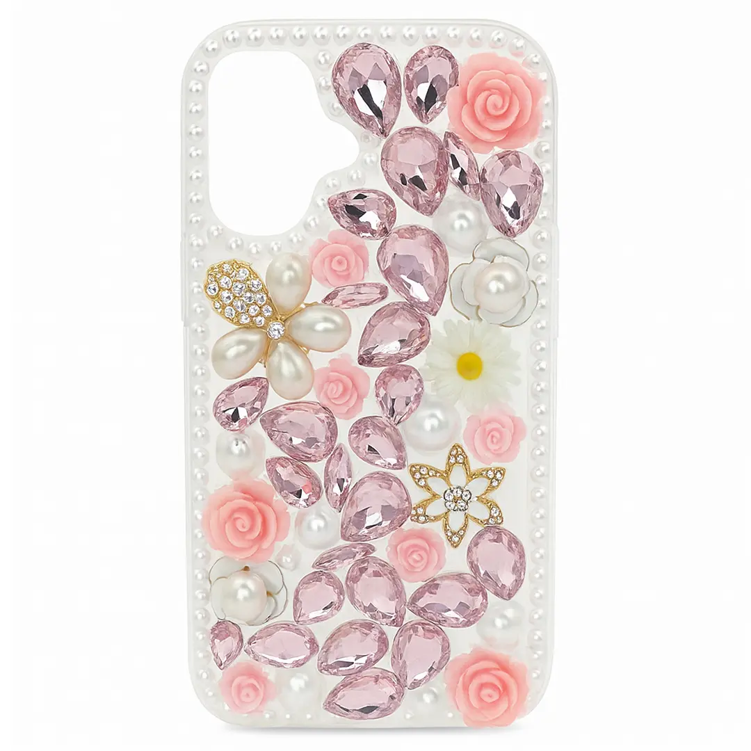 iPhone 16 Dream Crystal Gradient Flowers Full Diamond with Ornaments TPU Case Pink