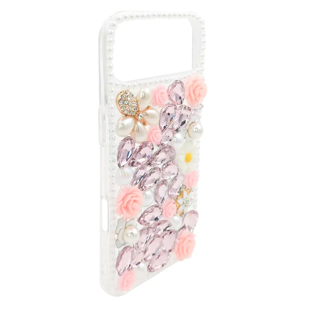 iPhone 17 Air Dream Crystal Gradient Flowers Full Diamond with Ornaments TPU Case Pink