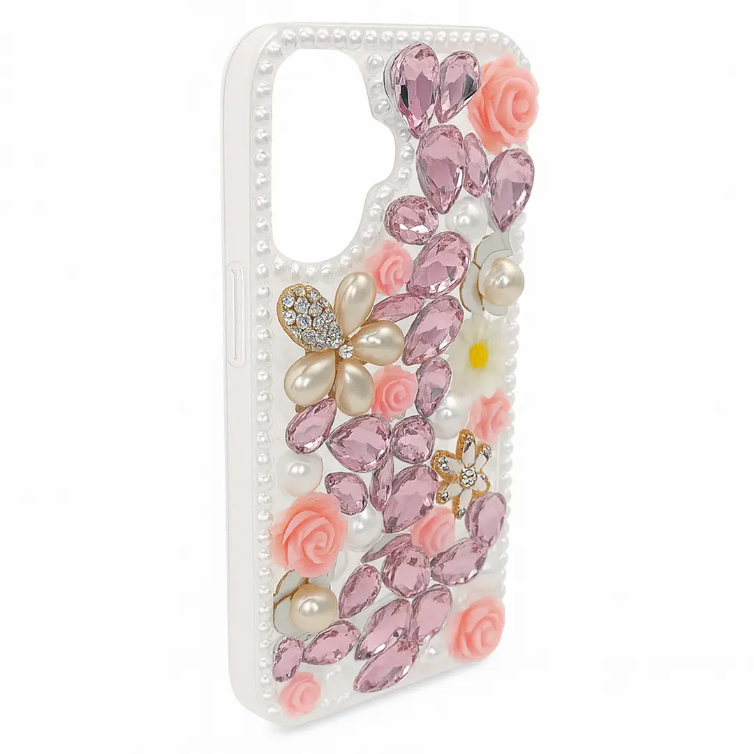 iPhone 16 Dream Crystal Gradient Flowers Full Diamond with Ornaments TPU Case Pink