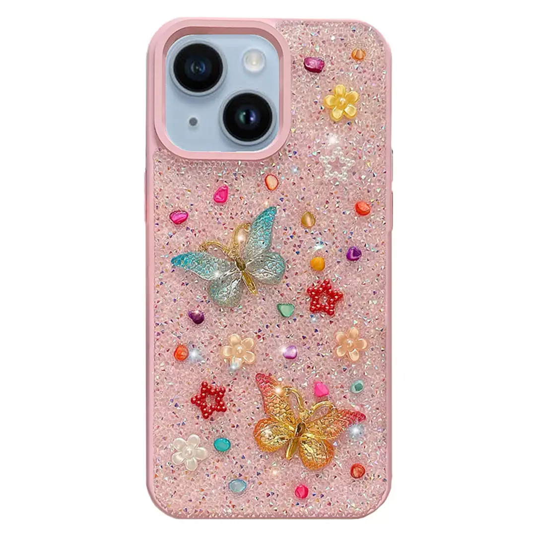 iPhone 15 Plus/iPhone 14 Plus Butterfly and Diamond Bling Case Light Purple