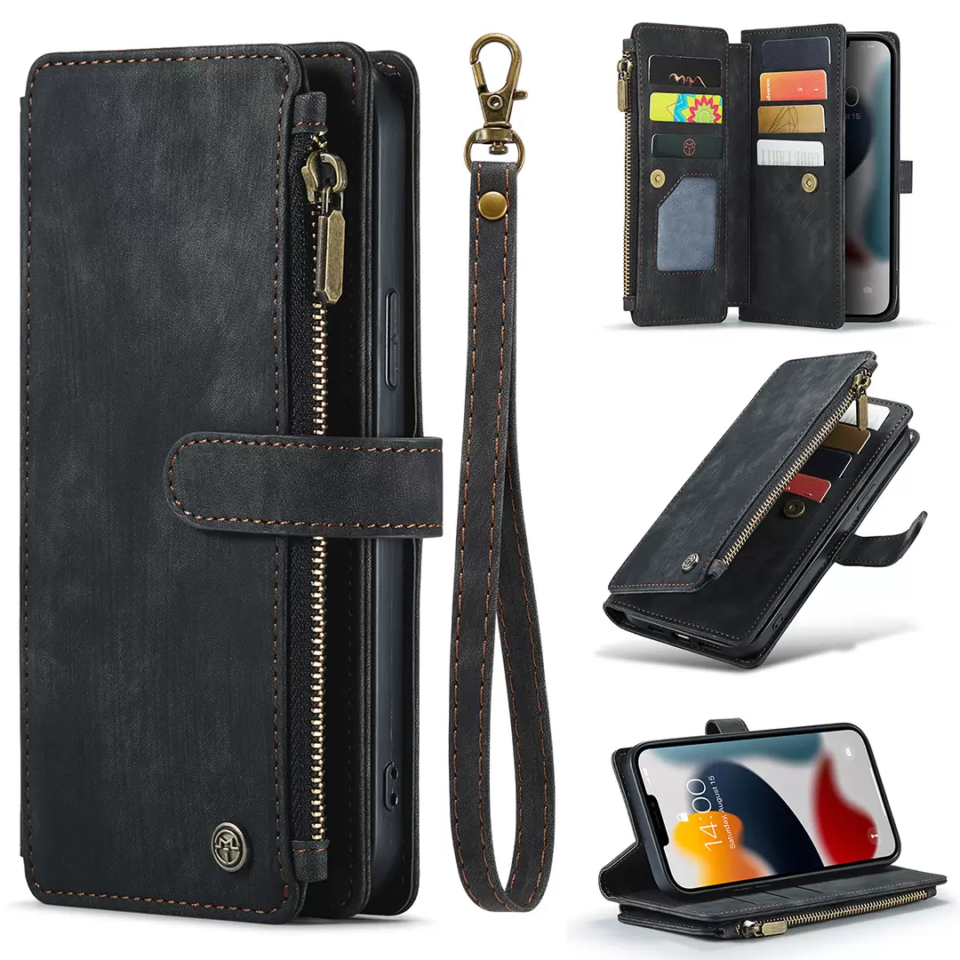 iPhone 15 Pro Max/iPhone 14 Pro Max Luxury Wallet with Zipper Case Black
