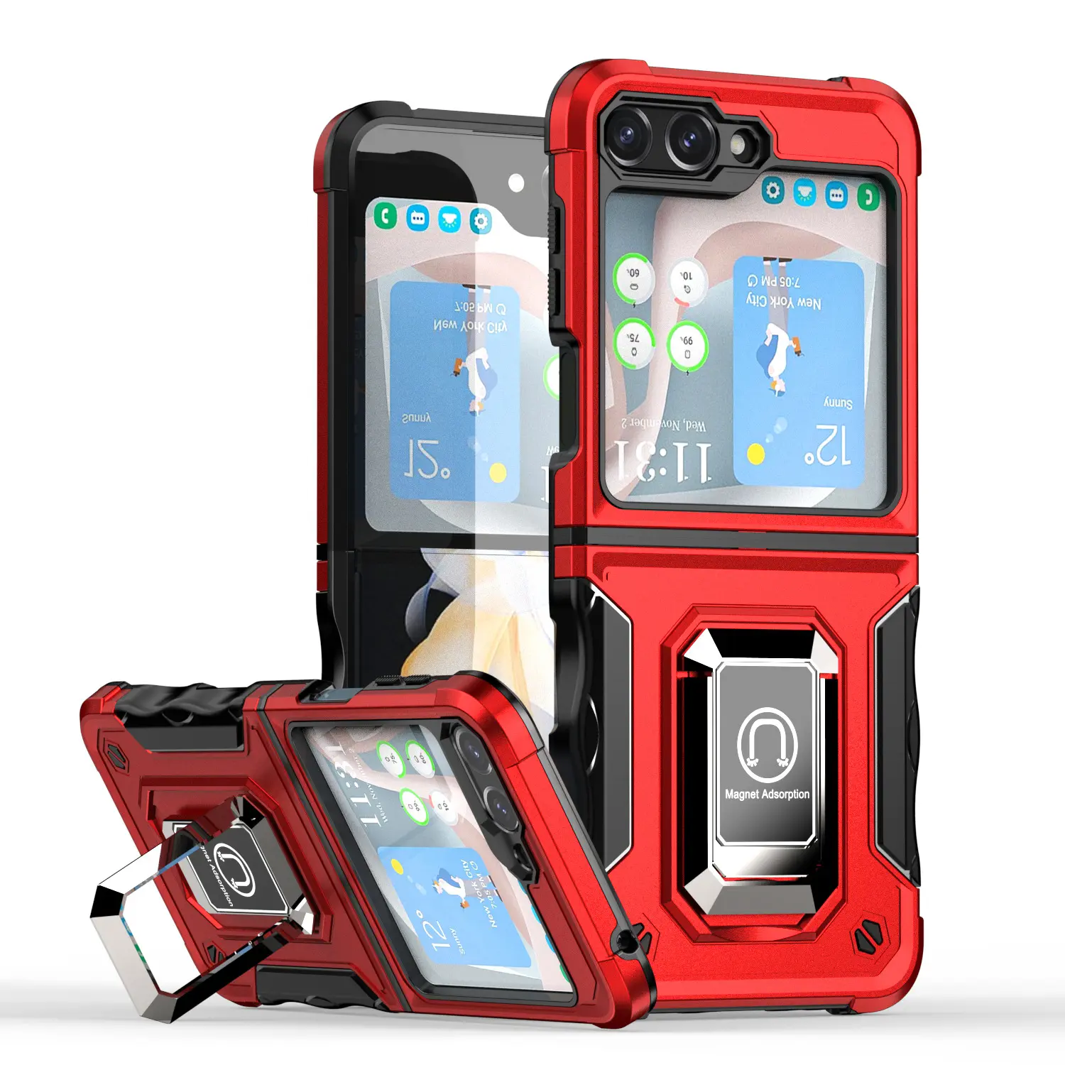 Samsung Galaxy Z Flip 7 Strong Tough Metallic Design Hybrid Premium Kickstand Case Red