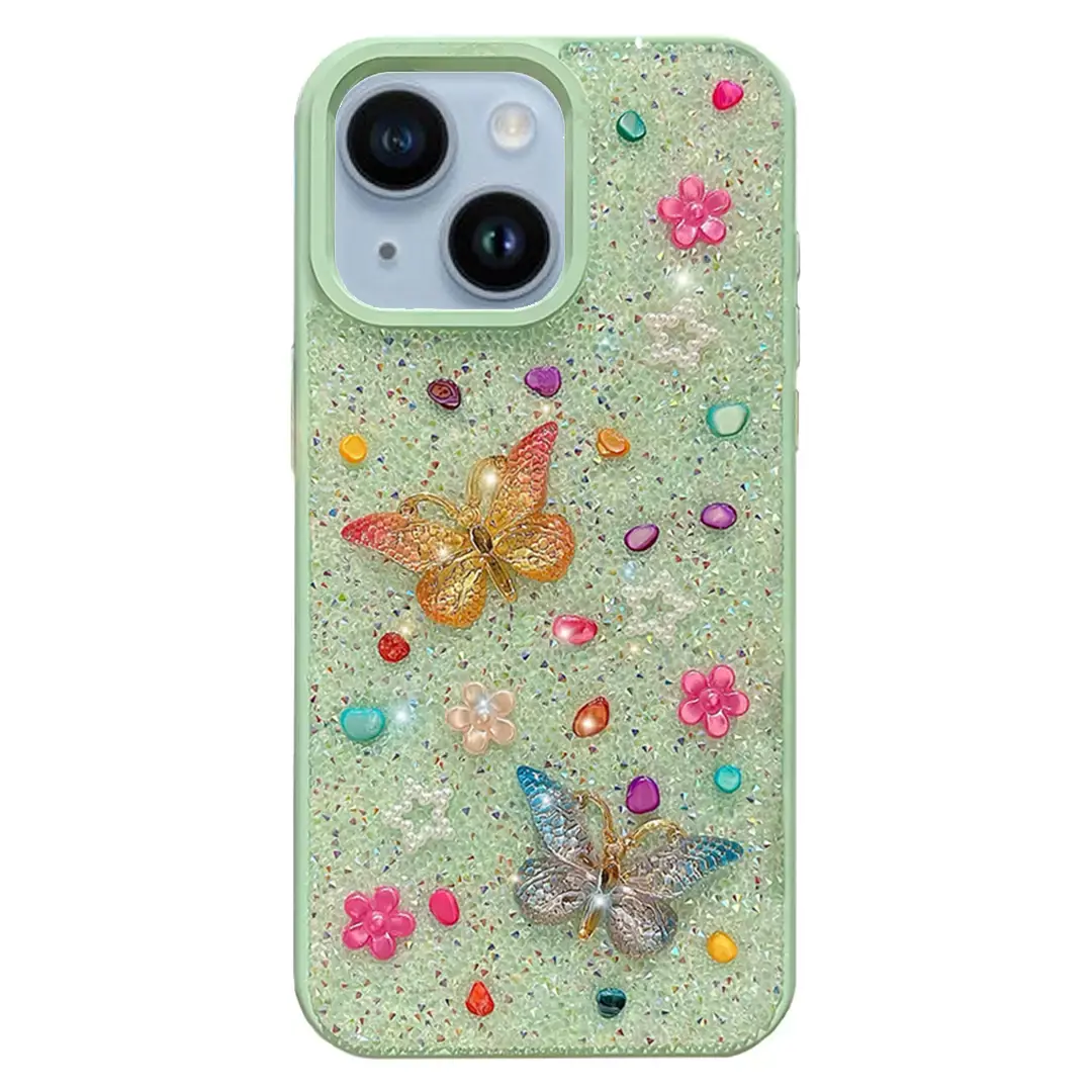 iPhone 15/iPhone 14/iPhone 13 Butterfly and Diamond Bling Case Green