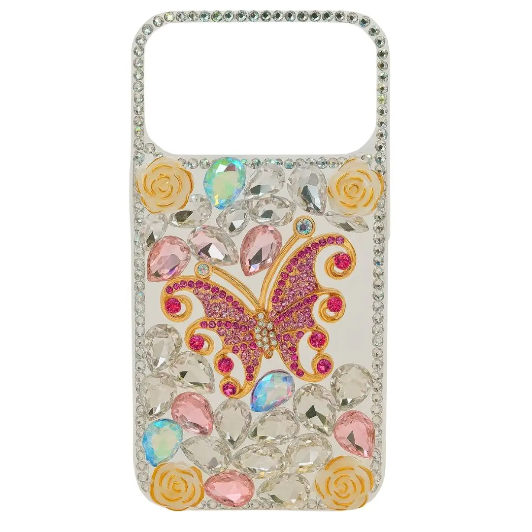 iPhone 17 Pro Max Dream Crystal Butterfly Full Diamond with Ornaments TPU Case Pink