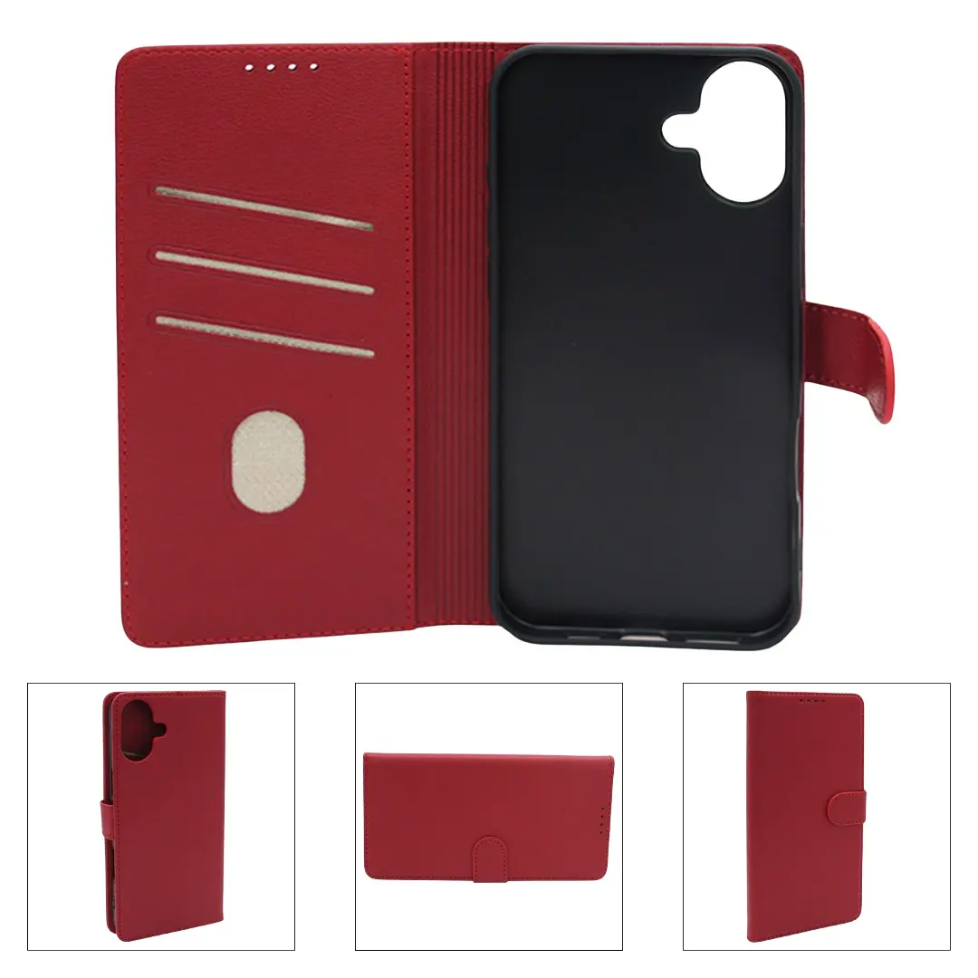 iPhone 16 PU Leather Wallet Case Red