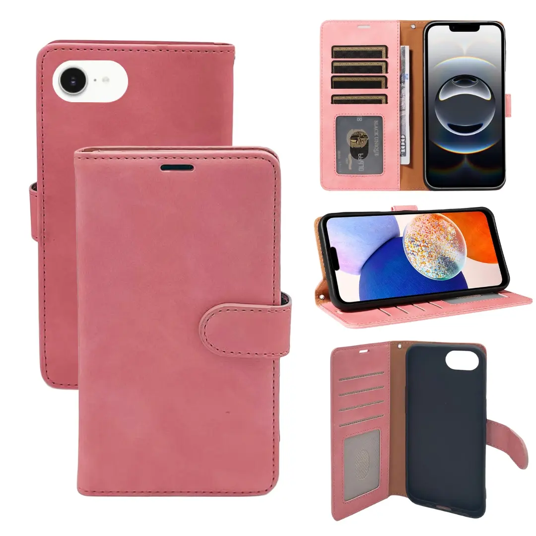 iPhone 16E PU Leather Wallet Case Pink