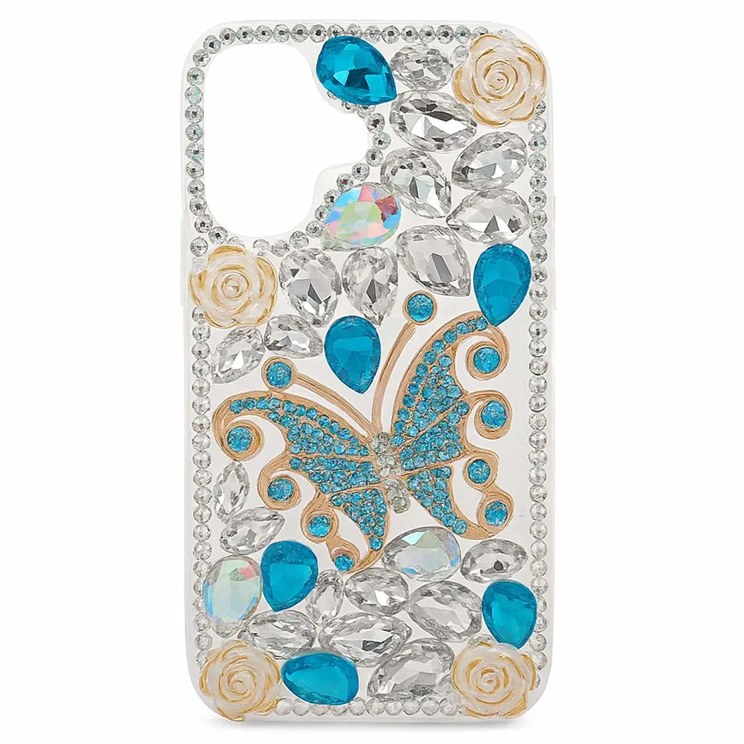 iPhone 16 Dream Crystal Butterfly Full Diamond with Ornaments TPU Case Blue