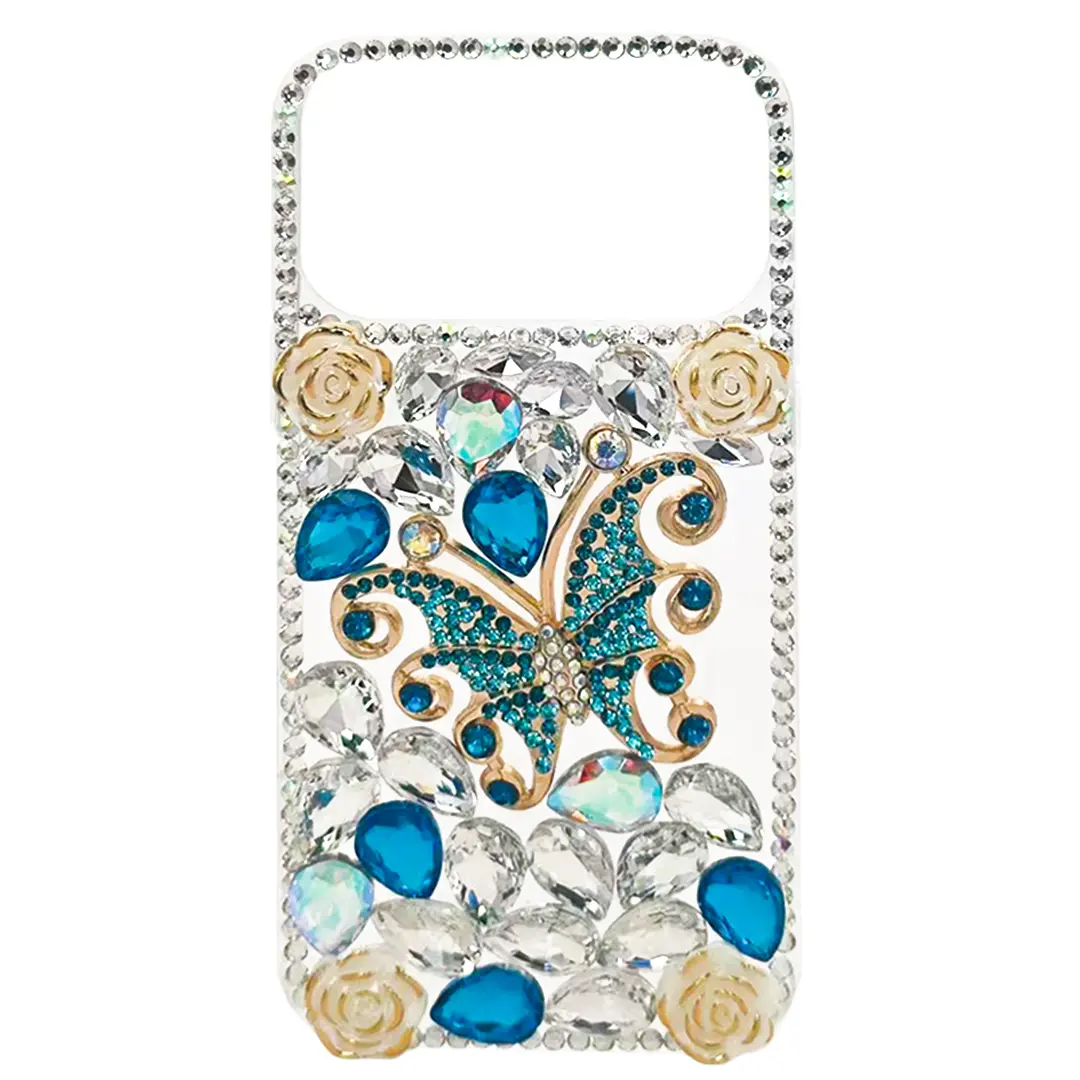 iPhone 17 Pro Max Dream Crystal Butterfly Full Diamond with Ornaments TPU Case Blue