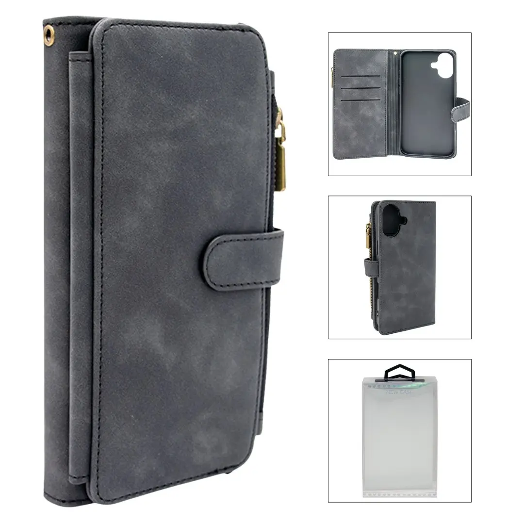 iPhone 16 Premio Wallet Luxury with Zipper Case Black