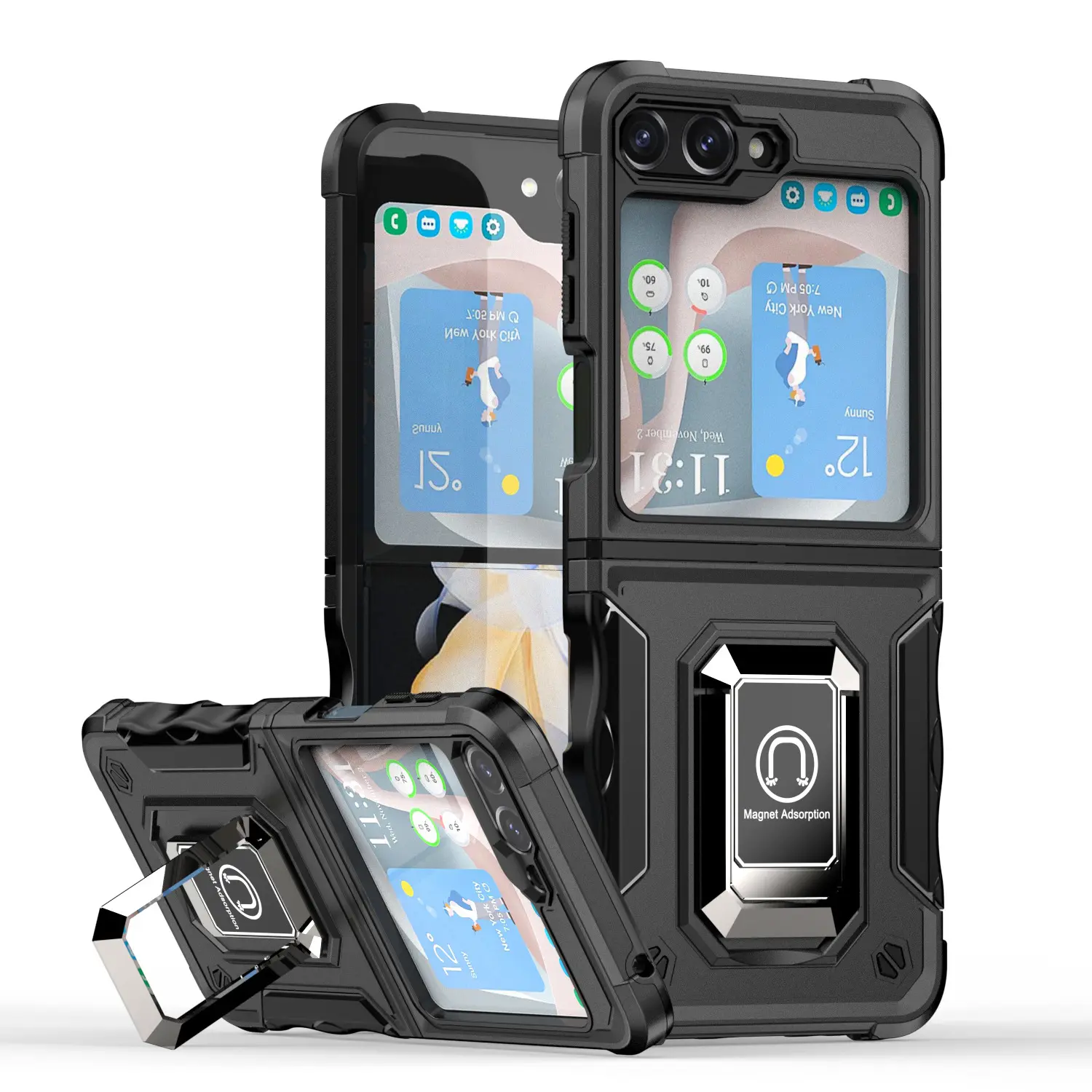 Samsung Galaxy Z Flip 7 Strong Tough Metallic Design Hybrid Premium Kickstand Case Black