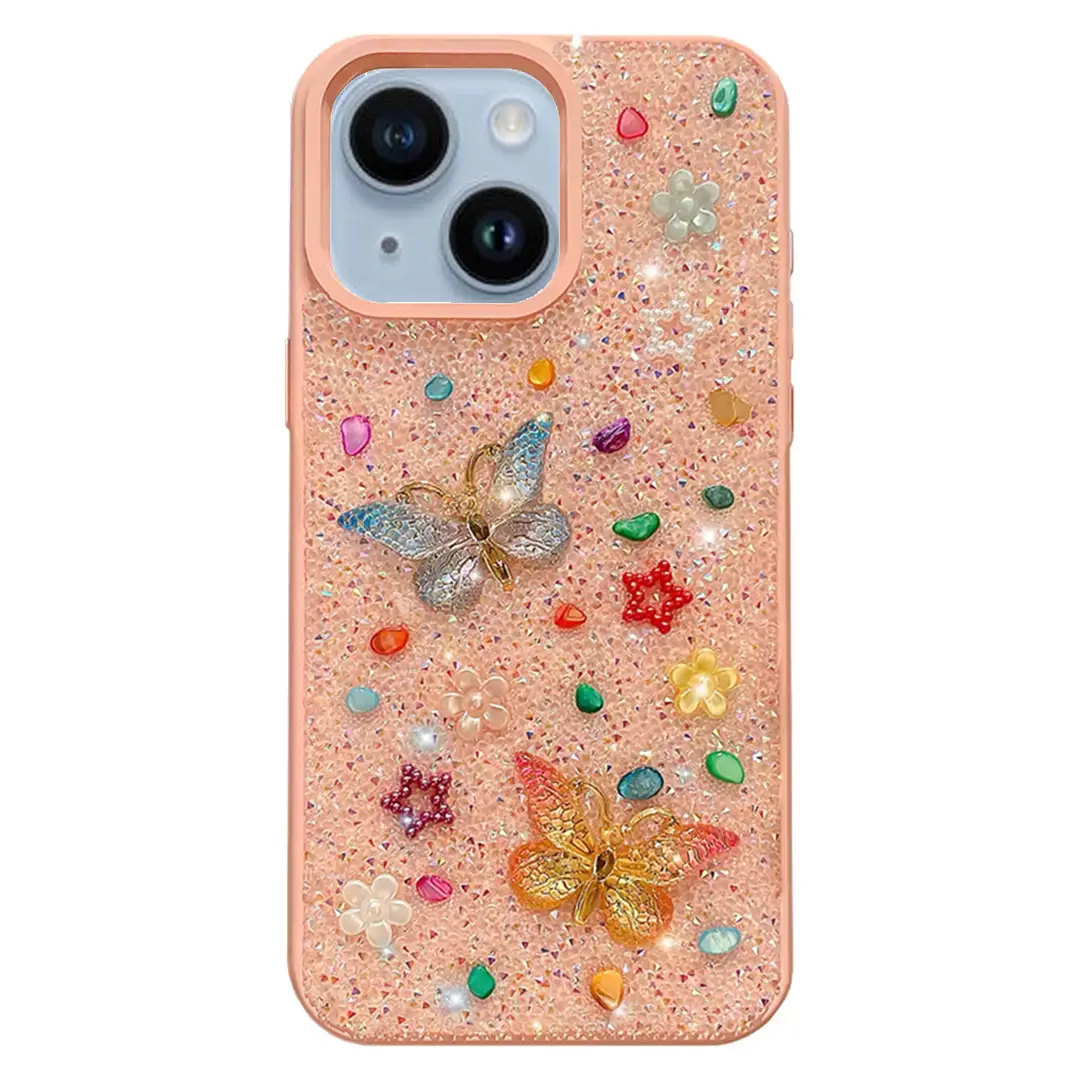 iPhone 15 Plus/iPhone 14 Plus Butterfly and Diamond Bling Case Pink