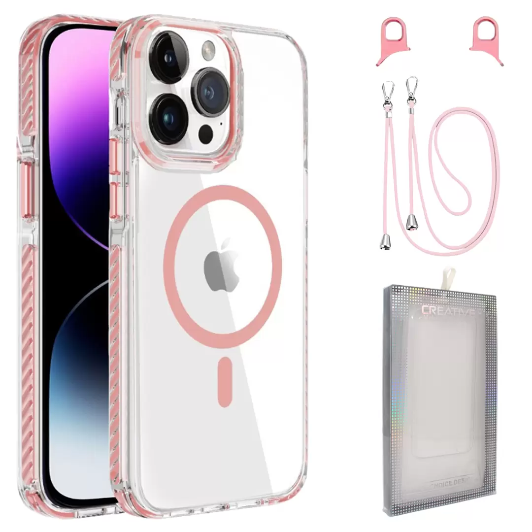 iPhone 15 Pro Max/iPhone 14 Pro Max Magsafe Clear Twotone Case with Lanyard Pink