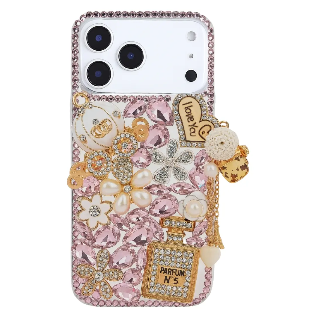 iPhone 17 Pro Dream Crystal Pumpkin Perfume Bottle Full Diamond with Ornaments TPU Case Pink