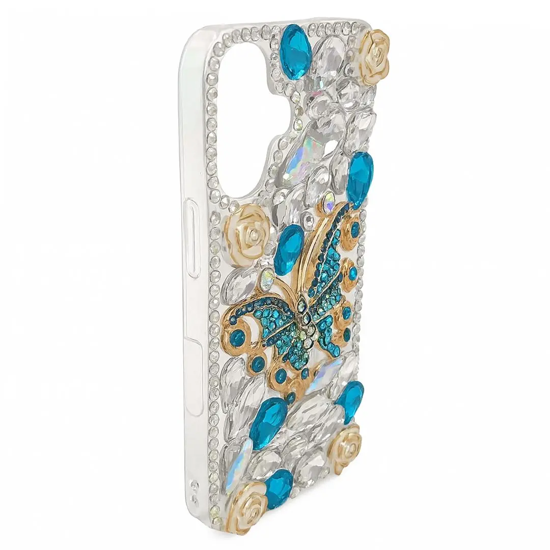 iPhone 17 Dream Crystal Butterfly Full Diamond with Ornaments TPU Case Blue