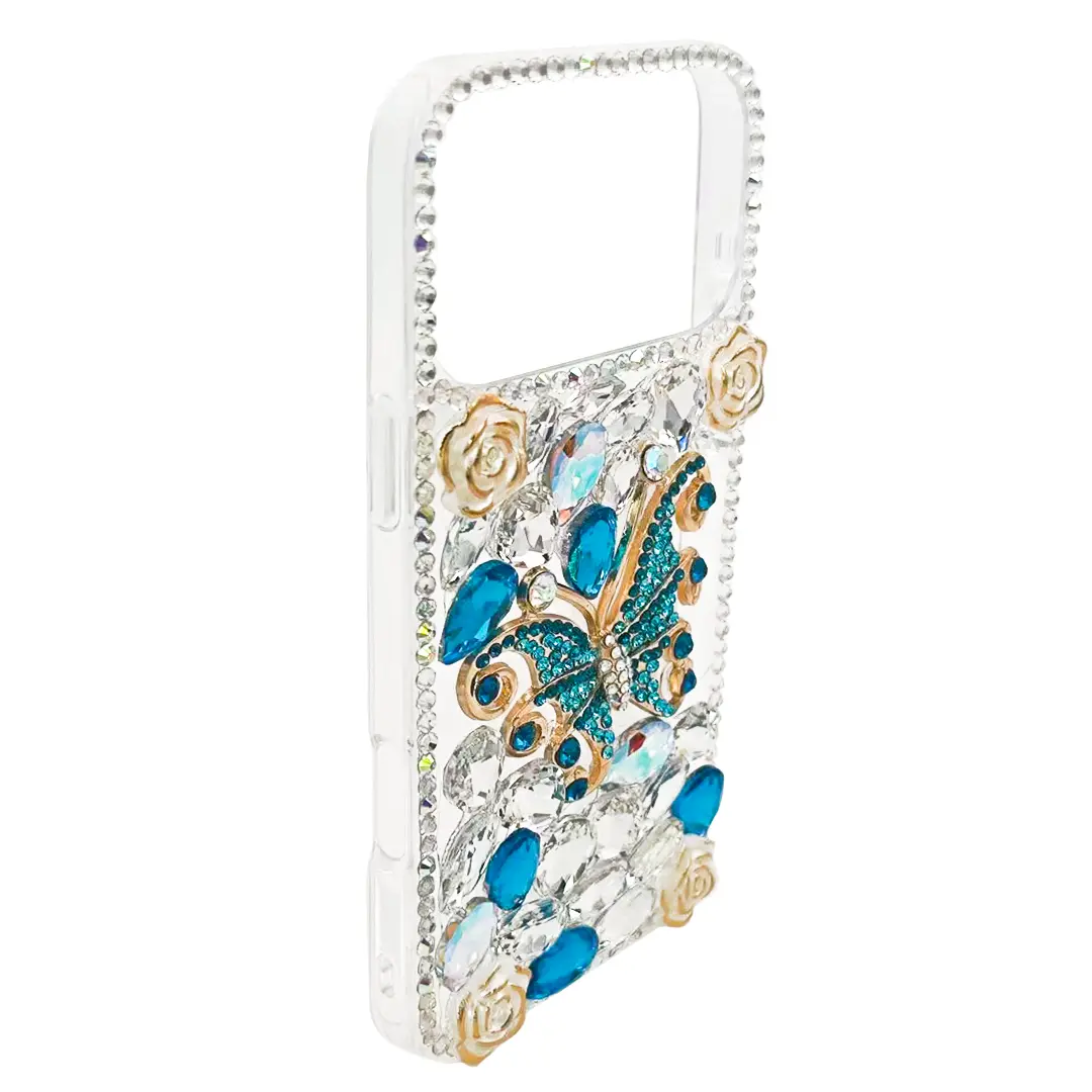 iPhone 17 Pro Max Dream Crystal Butterfly Full Diamond with Ornaments TPU Case Blue