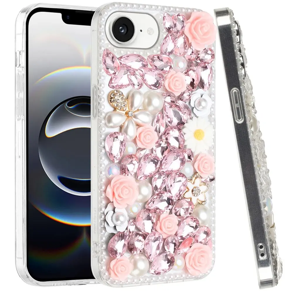 iPhone 16E Dream Crystal Gradient Flowers Full Diamond with Ornaments TPU Case Pink